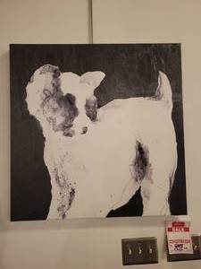 lot 173 image: A Black & White Dog Artwork Painting.