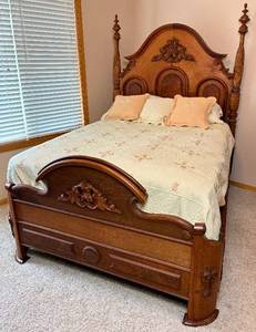 lot 3 image: Solid Walnut Antique Hand Carved Bed Frame with Custom Mattress and Boxspring