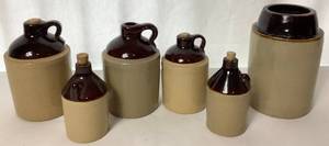 lot 45 image: Collection of Single Handle Whiskey Jugs, Pair of Crock Jugs and Pickling Crock