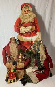 lot 47 image: Vintage Santa Collection - Wood Santa Cutout, Vintage Wooden Santa Holder and Santa Sitters