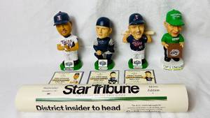 lot 113 image: 2003 Minnesota Twins Bobbleheads - Corey Koskie, A.J. Pierzynski, Eddie Guardado and Wally the Beer Man and Sept 24, 2003 Star Tribune Front Page Copy