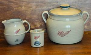 lot 30 image: Red Wing Stoneware Bean Pot with Lid, Red Wing Pitcher and Red Wing Mini Crock