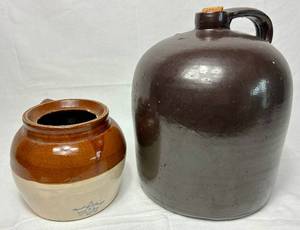 lot 147 image: Vintage Robinson Ransbottom Blue Crown No.2 Bean Pot and Beehive Brown Glazed Stoneware Jug