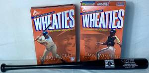 lot 144 image: Kirby Puckett #34 Hall of Fame Inductee Commerative Baseball Bat and Hall of Fame Wheaties Cereal Boxes