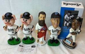 lot 121 image: St Paul Saints Bobbling Head Dolls -Bacon (Saints Pig), Saint Paul, Terwilliger and Daryl Strawberry