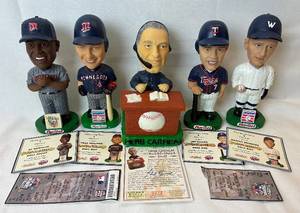 lot 116 image: 2004 MN Twins Bobbleheads - Joe Mauer, Paul Molitor, Al Newman and Walter Johnson with Herb Carneal