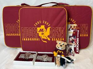 lot 172 image: University of Minnesota Womans Hockey Ridder Arena Inaugural Season Seat Cushions, Chimes and Hockey Goalie Plush