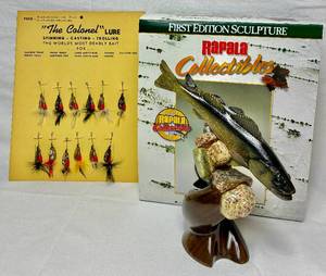 lot 180 image: Rapala First Edition Sculpture - Shorelunch Anglers Trophy Series plus The Colonel Lure Vintage Sales Card Containing 12 Spinning Cast Trolling Vintage Lures