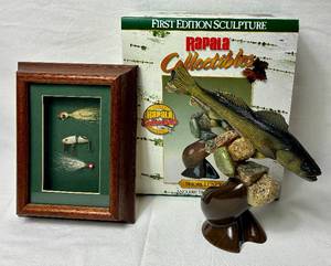 lot 187 image: Rapala First Edition Sculpture - Shorelunch Anglers Trophy Series plus framed 8.5 x 6.5 3 Lure Set