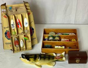 lot 201 image: Antique Fishing Display Racks with Vintage tins and 25 Promotion Lures Plus Vintage Grain Belt Beer Chalkware Fish Plaque