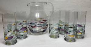 lot 215 image: Fostoria Romania Galleria Blown Glass Pitcher and 6 Highball Glasses
