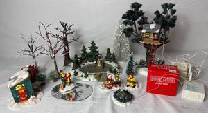 lot 218 image: Department 56 Village Accessories Pine Point Pond, Treetop Tree House, Fresh Frozen Fish (set of 2),  Marshmallow Roast (set of 2) Assorted Trees and Brite Lites Adapters