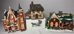 lot 219 image: Department 56 Dickens Village Mr. & Mrs. Pickle Cottage, Heritage Village One Horse Open Sleigh, Snow Village Turn of the Century House and Snow Village