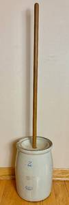lot 31 image: Antique Red Wing Union 2 gallon Stoneware Butter Churn with Lid and Wooden Dasher