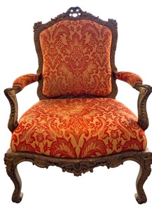 lot 5 image: Ornate Carved Wood Armchair & Orange Damask Upholstery