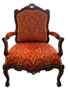 lot 6 image: Louis XV Style Carved Wood Armchair & Damask Upholstery