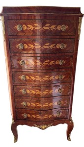 lot 21 image: Antique French Bombe Chest of Drawers with Floral Inlay & Ormolu Mounts
