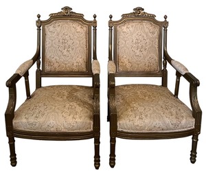 lot 32 image: Pair of Carved Wood Armchairs with Damask Upholstery #1