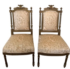 lot 34 image: Pair of Antique Carved Wood Chairs & Damask Upholstery #3