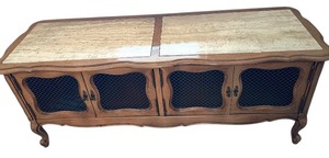 lot 38 image: Vintage French Provincial Bench & Stone Top with Lattice-Panel Doors