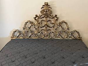 lot 15 image: Ornate Gold-Tone Metal Headboard Bed Frame & Slumbercrest Queen Mattress