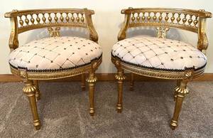 lot 20 image: Pair Of Gilded French-Style Armchairs With Tufted Cream Upholstery #2