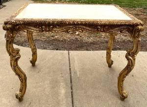 lot 28 image: Gilded Rococo Marble Top Table & Carved Cabriole Legs