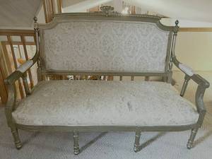 lot 35 image: Antique-Style Damask Settee With Carved Wood Frame for Restoration