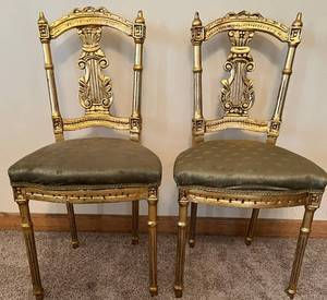 lot 40 image: Pair of Gilded Lyre-Back Chairs & Green Damask Silk Upholstery