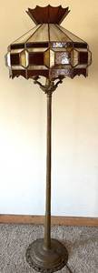 lot 47 image: Tiffany-Style Floor Lamp with Amber Glass Shade with Brown Slag Glass Panels