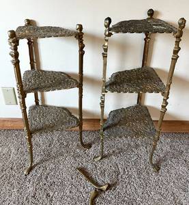 lot 54 image: Pair of Ornate 3-Tier Brass Etagere Plant Stands FOR PARTS OR REPAIR