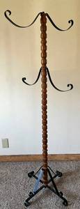 lot 56 image: Coat Rack Stand with Wooden Turned Post & Curved Metal Arms on Casters