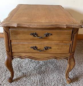 lot 57 image: French Provincial Nightstand & 2-Drawer End Table with Cabriole Legs