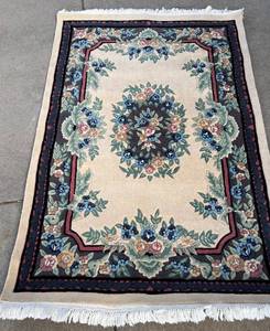lot 59 image: Capel Floral Border Area Rug - Cream Center Field with Blue & Pink Flowers