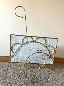 lot 60 image: Mid-Century Brass Magazine Holder & White Lattice Back Panel