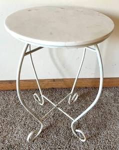 lot 63 image: Round Marble Top Table & Wrought Iron Scroll Leg Base