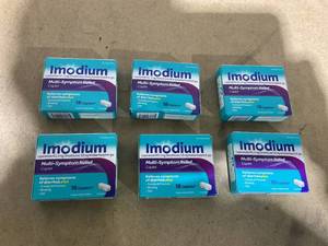 lot 121 image: LOT OF 6 Imodium Multi-Symptom Relief Caplets, Loperamide Hydrochloride & Simethicone Anti-Diarrheal Medicine for The Relief of Diarrhea, Gas, Bloating, Cramps & Pressure, HSAFSA Eligible, 18 ct EXP 072026