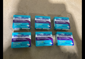 lot 122 image: LOT OF 6 Imodium Multi-Symptom Relief Caplets, Loperamide Hydrochloride & Simethicone Anti-Diarrheal Medicine for The Relief of Diarrhea, Gas, Bloating, Cramps & Pressure, HSAFSA Eligible, 18 ct EXP 072026