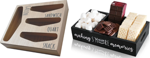 lot 416 image: LOT OF 2 Losvio Bag Storage Organizer for Kitchen Drawer, Compatible with Gallon, Quart, Sandwich and Snack Variety Size Bag (Natural) & SMores Caddy, Farmhouse SMore Bar Holder