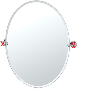 lot 264 image: Gatco Tiara 28.5-in x 32-in Beveled Frameless Oval Tilting Bathroom Vanity Mirror ( Chrome ) (Maybe Missing Hardware)
