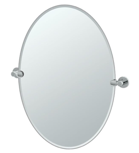 lot 265 image: Gatco 4689 Channel Frameless Oval Mirror, 26.5 Inch, ChromeWall Mount Frameless Beveled Tilting Oval Bathroom Vanity Mirror with Chrome Brackets