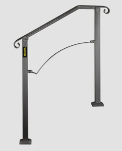 lot 269 image: VEVOR Handrails for Outdoor Steps, Fit 2 or 3 Steps Outdoor Stair Railing, Arch#2 Wrought Iron Handrail, Flexible Porch Railing, Black Transitional Handrails for Concrete Steps or Wooden Stairs (Missing Hardware)