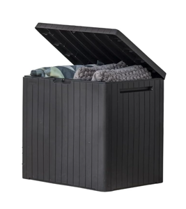 lot 436 image: Keter City 30 Gallon Resin Outdoor Storage Box and Patio Furniture Side Table for Pool and Garden Accessories, Dark Grey