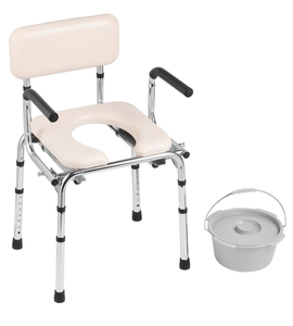 lot 464 image: VEVOR - Commode Chair, Bedside Commode with Padded Seat, Drop-Down Arms, 7-Level Adjustable Height, 5.8L Removable Bucket - Silver (Stained. Minor Damage