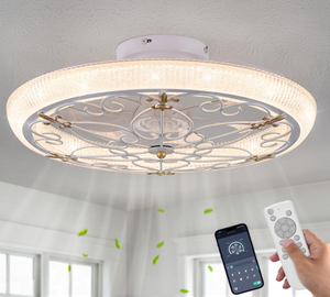 lot 74 image: Rustic White Caged Ceiling Fan, Farmhouse Ceiling Fan with Lights Remote Control with Crystal, LED Low Profile Ceiling Light for Bedroom Kitchen Living Room