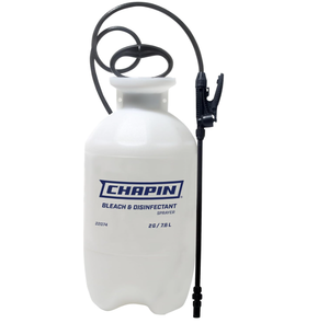lot 476 image: Chapin 22074 Made in The USA Disinfectant Bleach Pressure Pump Tank Sprayer, 2-Gallon, Adjustable Cone Nozzle, Compatible with Bleach Solutions and Fungicides, Translucent White