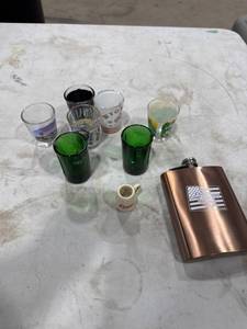 lot 0260 image: Assorted Shot Glasses and Flask