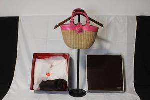 lot 6 image: Coach Straw Small Tote with Pink Leather Trim and Original Box