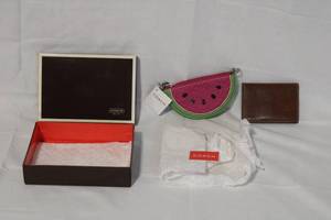 lot 20 image: Coach Watermelon Coin Purse with Box and Brown Leather Card Holder