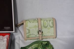 lot 21 image: Coach Green Patterned Wallet and Scarf Set